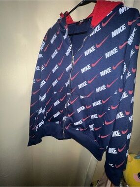vintage Nike zip-up hoodie all over print navy and red size medium